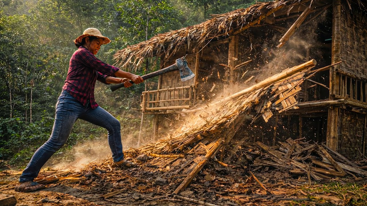Tearing Down an Old Bamboo Kitchen and Preparing to Build a Stronger Wooden One
