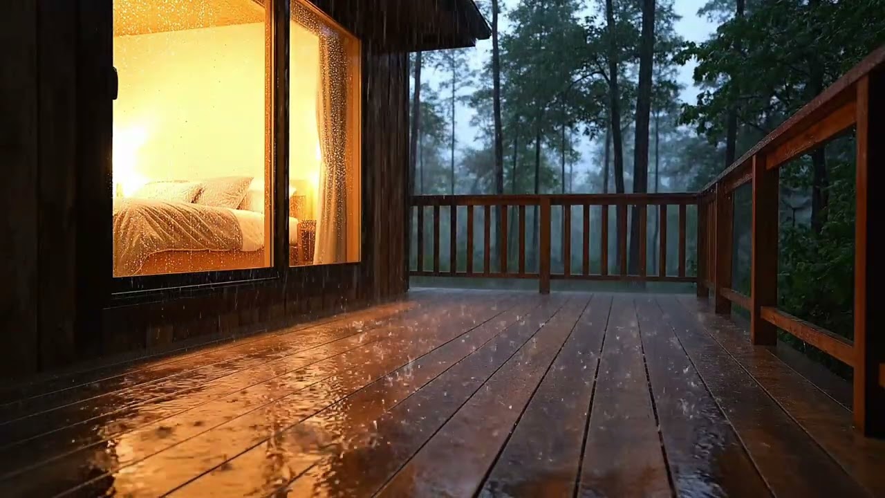 Deep Night Rain on Cabin Deck 🌧️ Cozy Rain Sounds for Sleep, Relaxation & Stress Relief