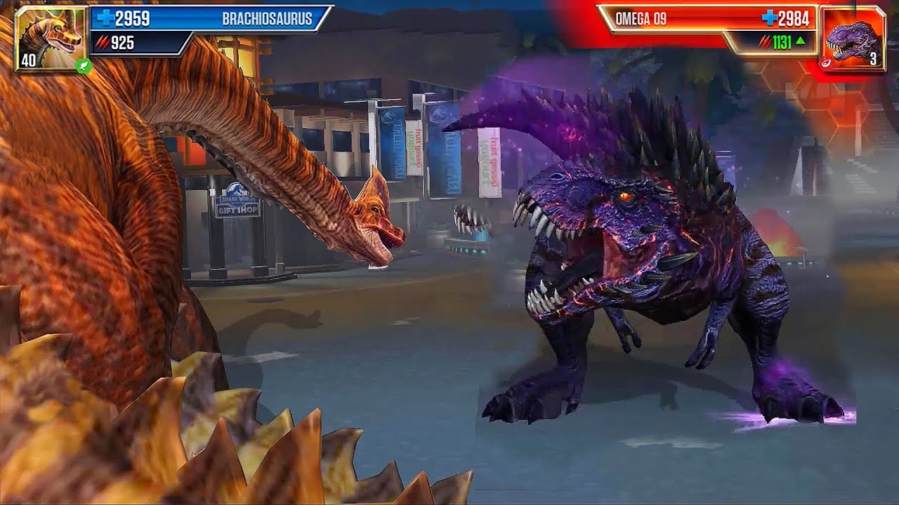 BRACHIOSAURUS VS OMEGA 09 (DINOSAUR BOSS) BATTLE || JURASSIC WORLD THE GAME