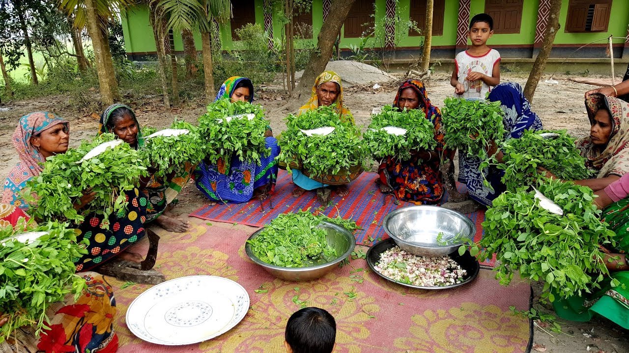 Pea Shoots & Hilsa/Elish Gravy Mashed Prepared By Village Women - Tasty Pea Spinach Mashed