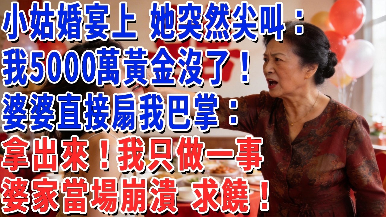 小姑婚宴上 她突然尖叫：我5000萬黃金沒了！婆婆二話不說 扇我巴掌：拿出來！我只做一事，婆家當場崩潰 求饒！#妮妮故事會 #情感故事 #老年生活