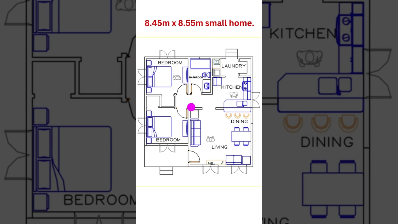 Compact 2-Bedroom Haven: 8.45m X 8.55m House Plan #smallhouseplan  #2BedroomHome #shorts
