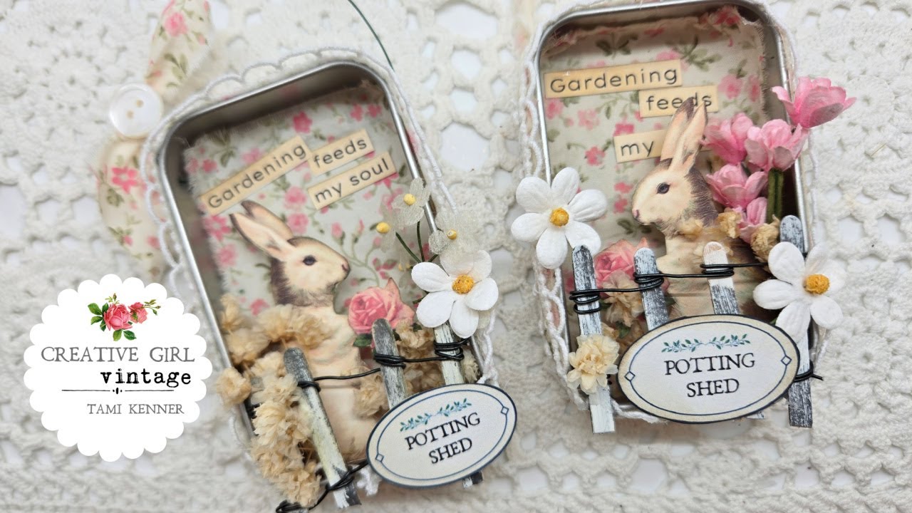 Bunny in the garden Altered Altoids tin with weathered picket fence TOUR of our vegetable garden too