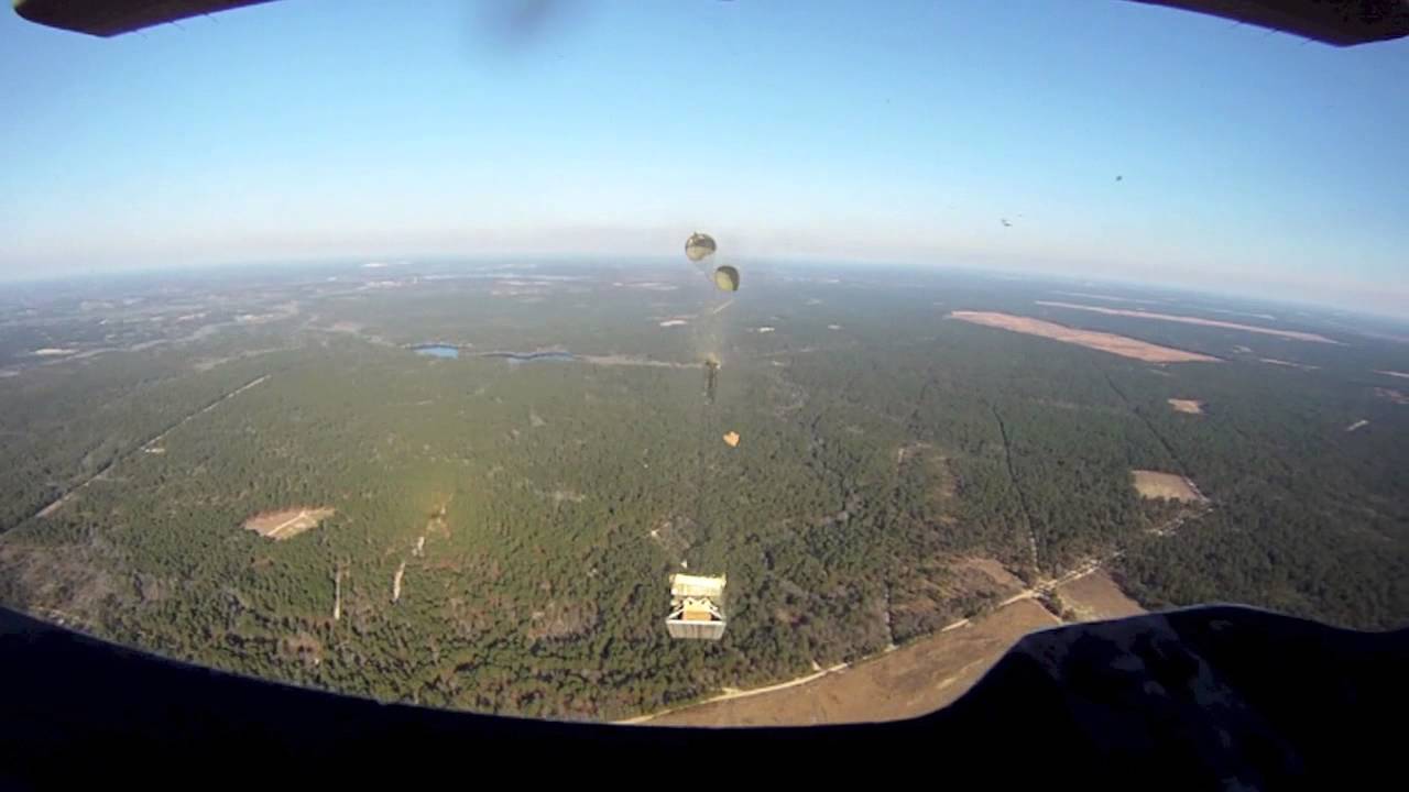 C-130 airdrop using double 28ft extraction chutes.