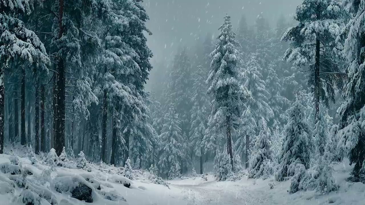 Snow Drifting Over Trees and Hills in a Quiet Winter Environment
