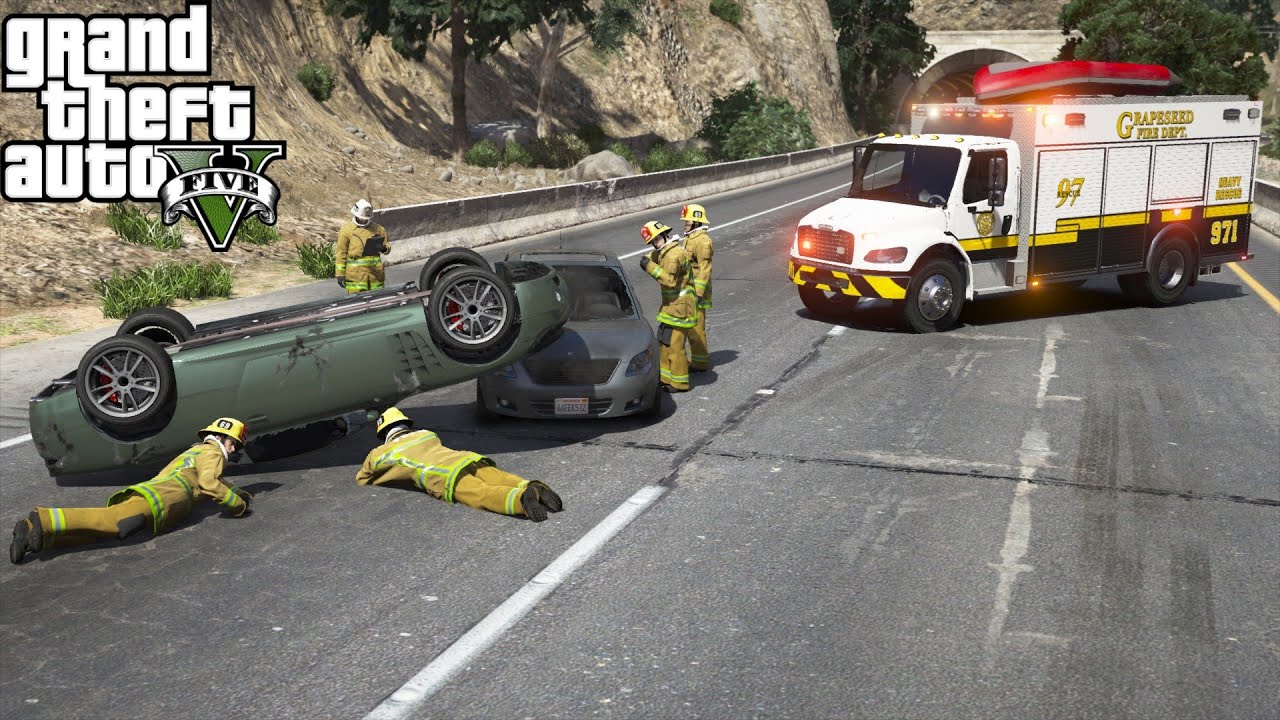 GTA 5 Firefighter Mod New Grapeseed Fire Department Freightliner Rescue Firetruck Responds To A MVA