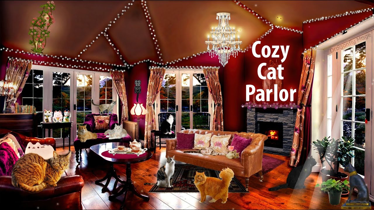 Cozy Cat Parlor 🐈 ASMR Ambience (cat meows, fireplace, purring, cat toys)