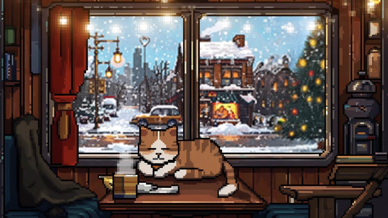 Winter Storm Train Ride 🚂❄️ Pixel Lofi Atmosphere with Gentle Snow, Soft Music & a Napping Cat
