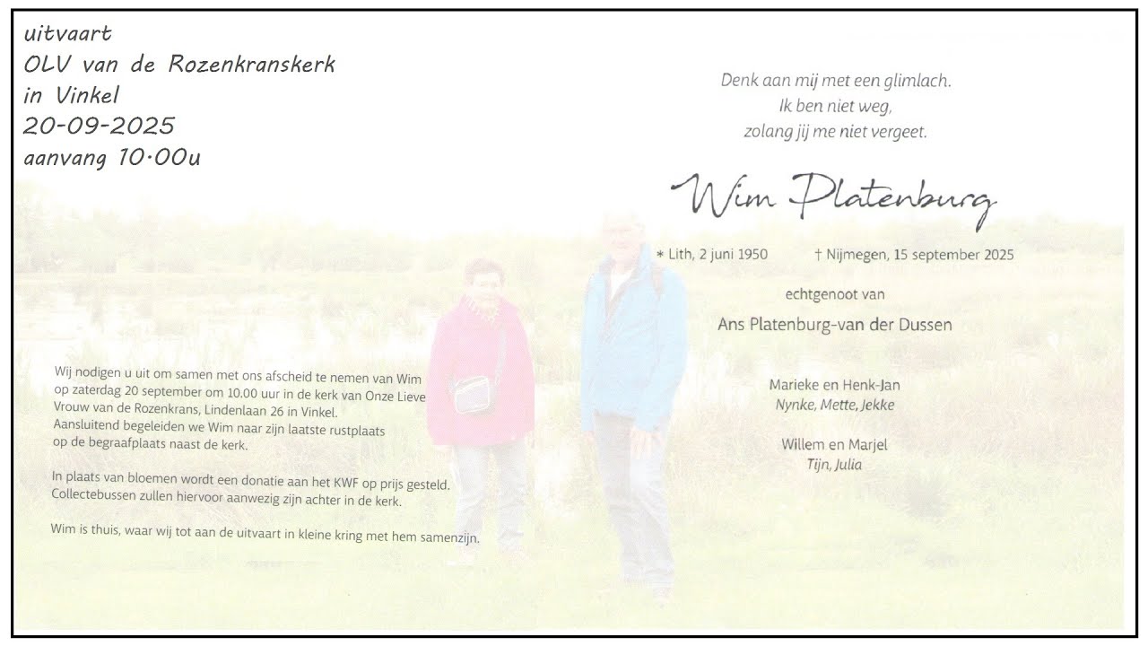 Vinkel Parochie DGH, 20-09-2025, uitvaart WIM PLATENBURG , aanvang  10.00u