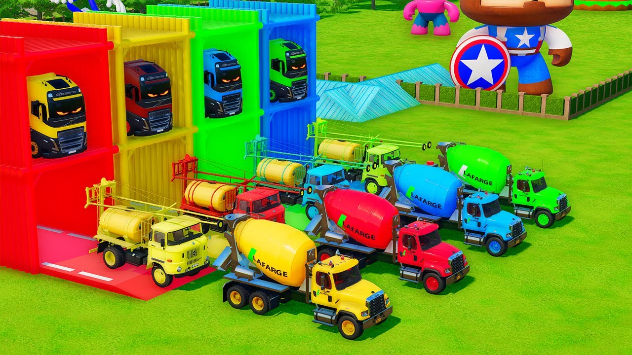 Garage with Colors - ALL MIXER TRUCK WITH DOUBLE FLATBED TRAILER TRUKC, IVEC, MERCEDES, FREIGHTLINER