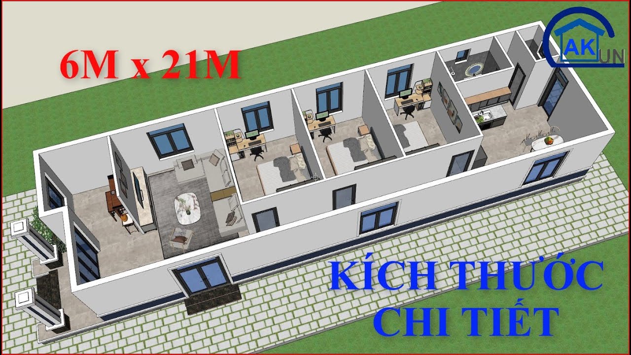 Mặt Bằng Nh&agrave; Ống Ngang 6m C&oacute; 3 Ph&ograve;ng Ngủ | Nh&agrave; Đẹp Dakcun Dk335