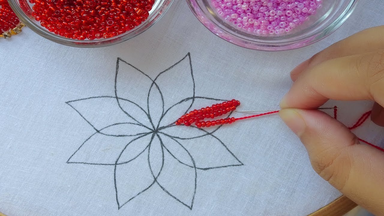Hand embroidery: beads flower, easy beaded embroidery design, beads work for dress