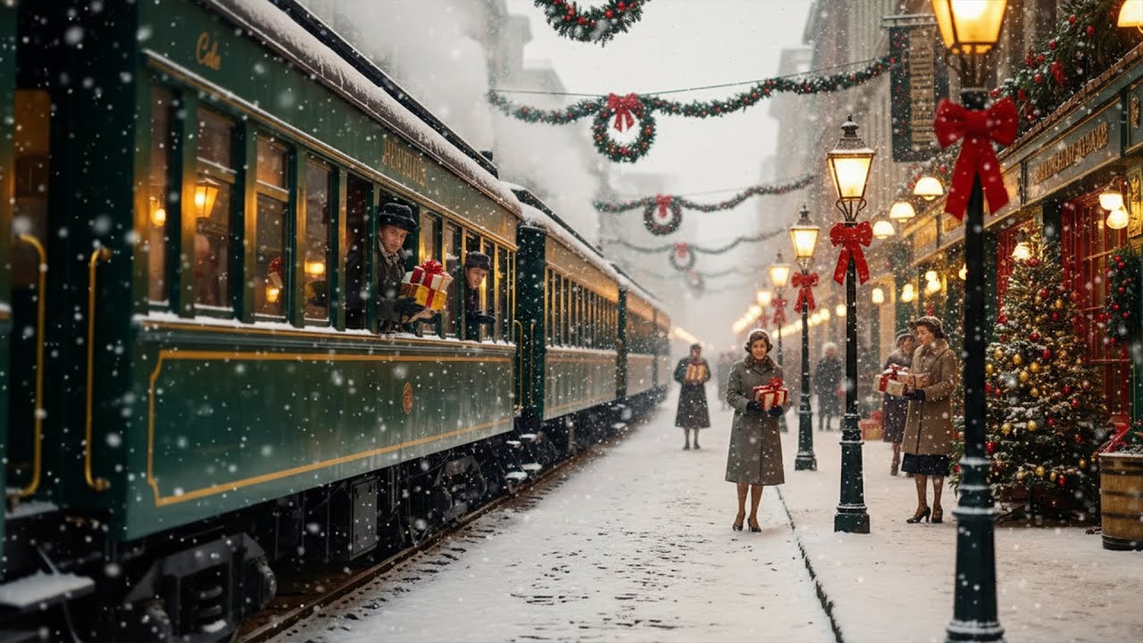🎄 Cozy 1950s Christmas: Main Street & Train Ride ❄️ Oldies Jazz | Sinatra, Cole, Crosby, Martin