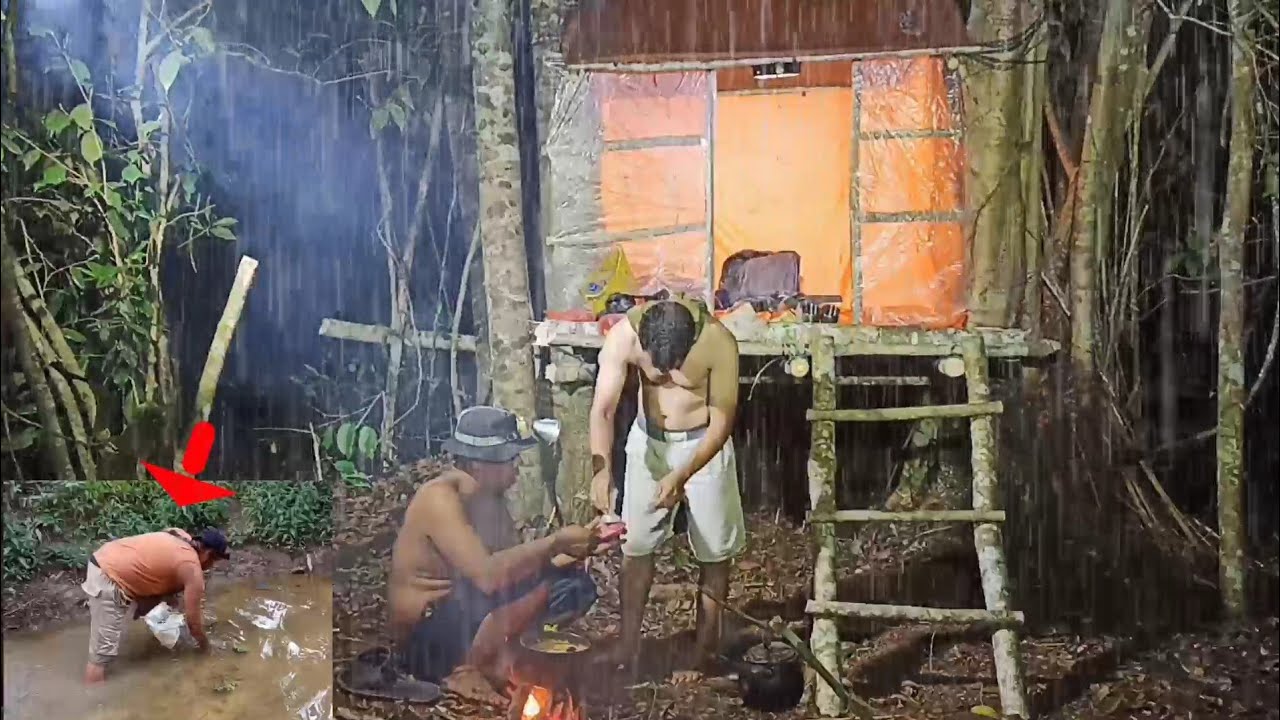 Camping hujan deras tengah malam di shelter mencari siput rawa enak masak di hutan