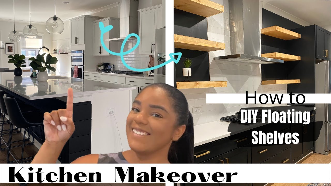 Black Kitchen Makeover Ideas | Black Kitchen Cabinets + DIY Wood Floating Shelves for Kitchen