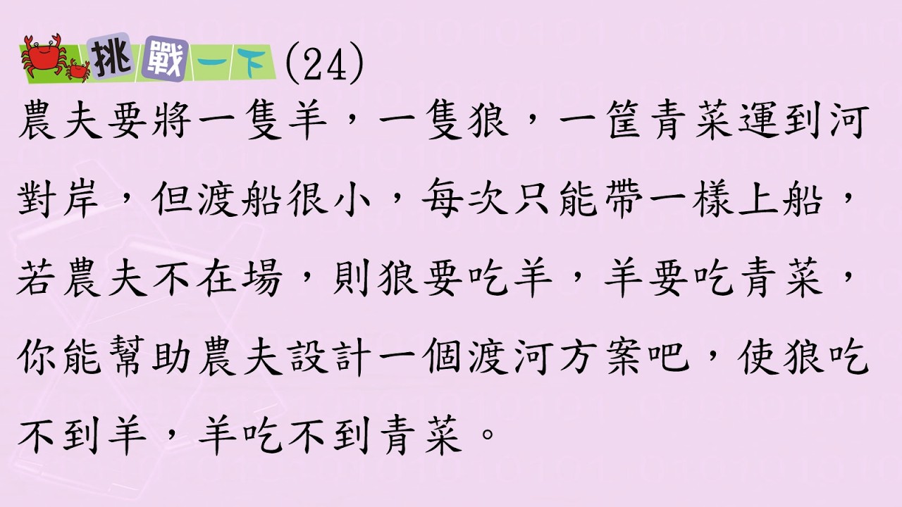 林晟數學-國小低年級挑戰題-農夫將羊，狼、青菜運到河對岸，每次只能帶一樣，若農夫不在場，狼吃羊，羊吃青菜，幫農夫想一個渡河的方案
