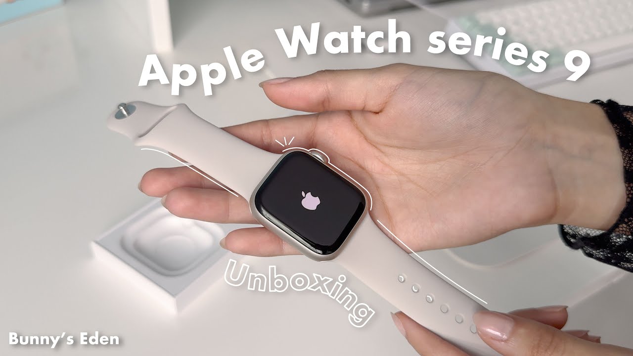 Unboxing Apple Watch series 9 (starlight)💫 | Small wrist fit, screen protector install, aesthetic
