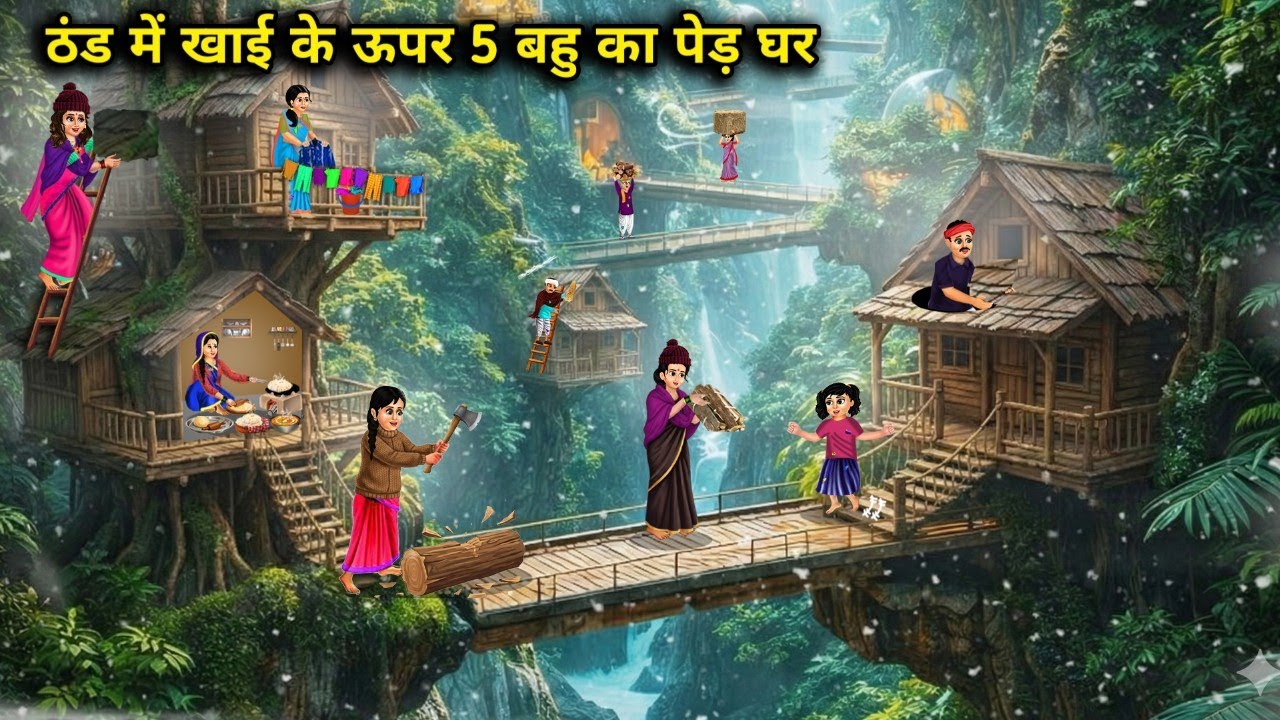 ठंड में खाई के ऊपर 5 बहु का पेड़ घर || cartoon videos || In the winter, there are 5 banyan trees abo