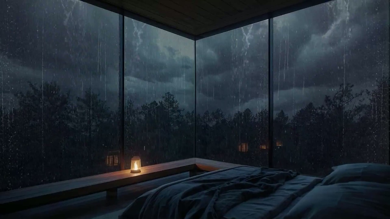 Stop Overthinking & Fall Asleep In 5 Minute - Heavy Rain Dark COZY BEDROOM Ambient