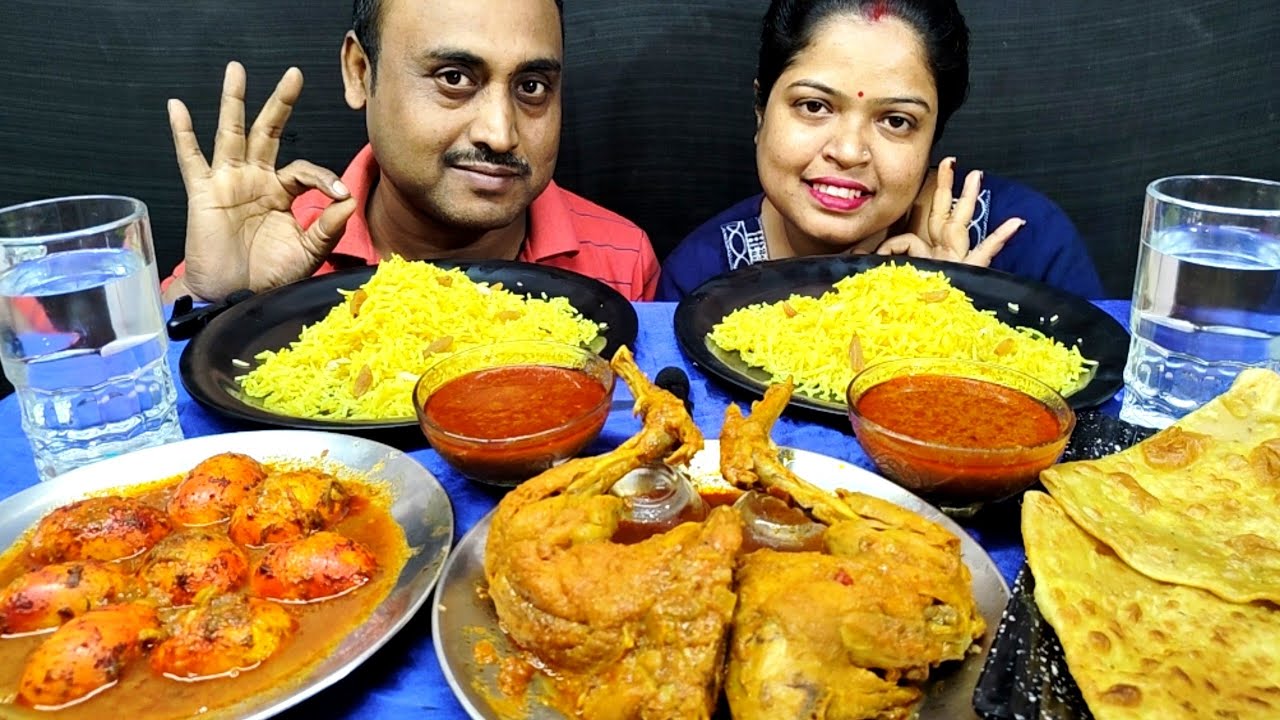 SPICY BOIL EGG CURRY CHICKEN LEG CURRY PULAO PARATHA EATING COMPETITION