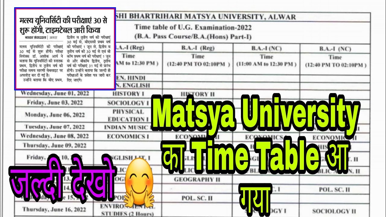 RRBMU UG/PG Exam Time Table 2022 | Matsya University Exam Time Table 2022 | rrbmu exam date 2022