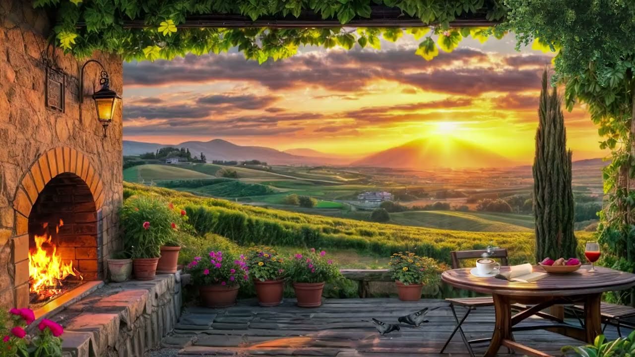 4K Cozy Countryside Sunset Terrace 🌄🔥 Fireplace & Peaceful Nature Ambience for Deep Sleep (NO ADS)