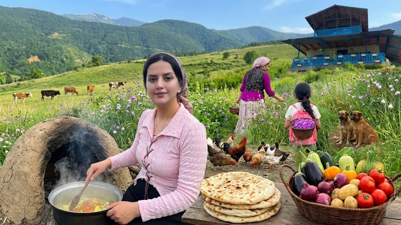 IRAN daily village life; baking bread and vegetables 