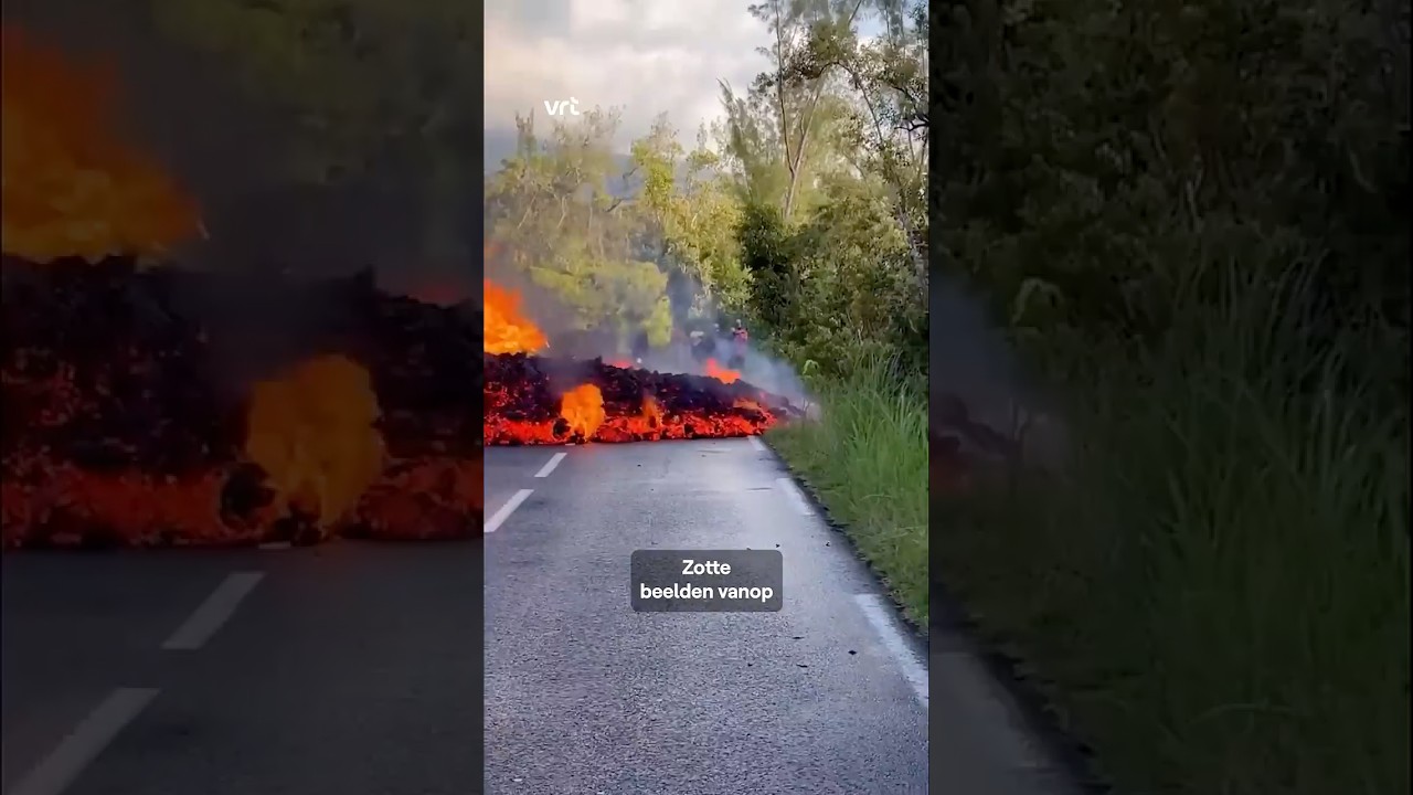 Lava stroomt over de weg. #vrtnws #lava #lareunion #PitondelaFournaise