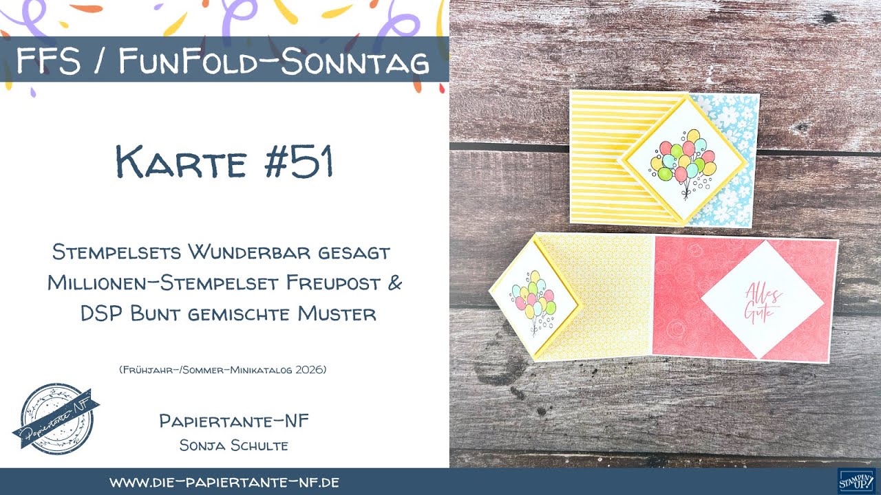 FunFold Karte #51: Stempelsets Freupost + Wunderbar gesagt mit DSP Bunt gemischte Muster