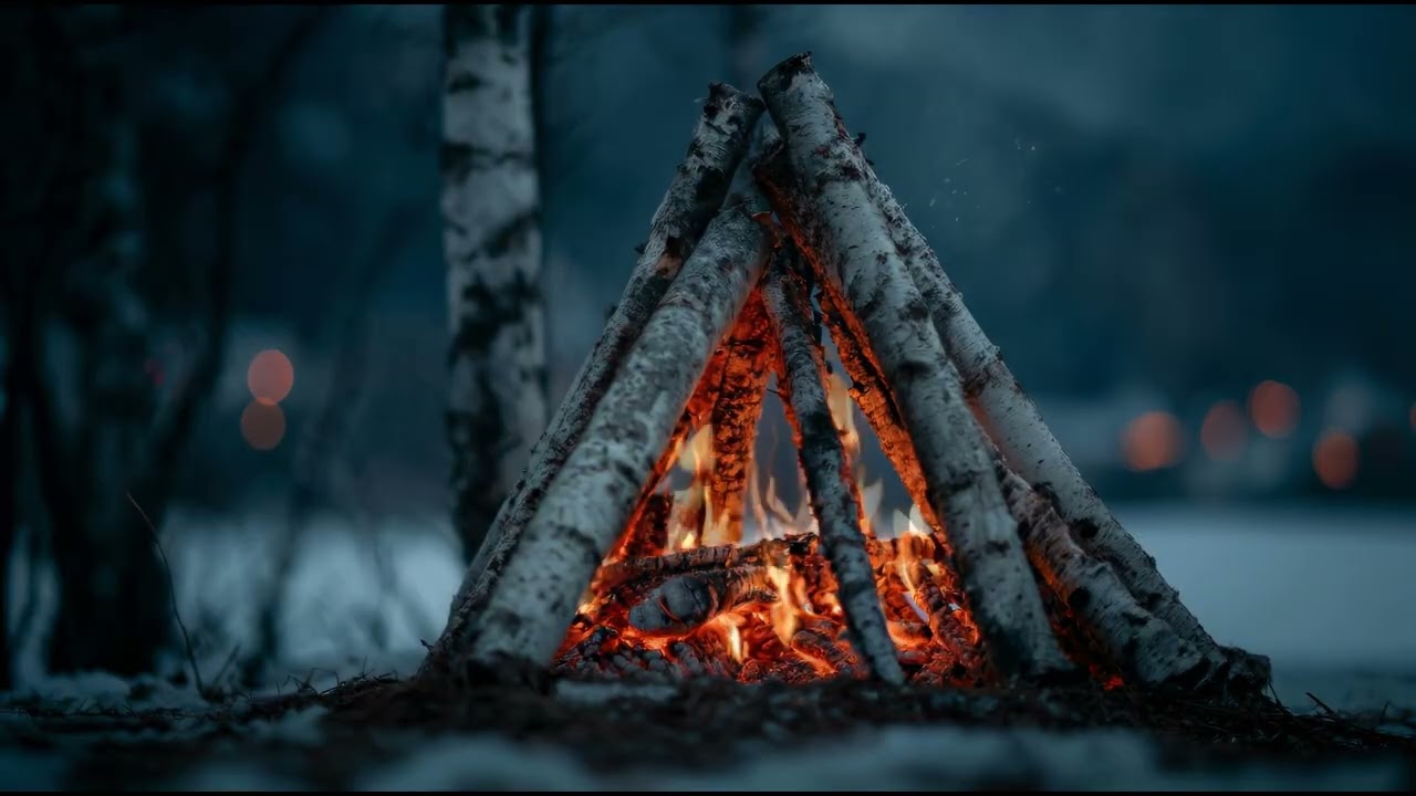 Arctic Winter Campfire at Dusk ❄️ Cozy Birch Fire Ambience for Sleep & Relaxation (10 Hours)