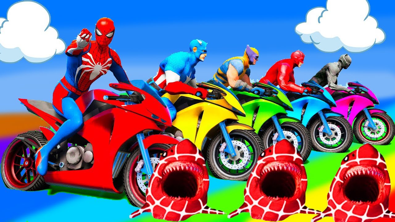 SPIDER MAN Takes on Spiral Bridge Stunt Ride on Motorcycle🦺🥽بطال الخارقين على القضبان دوامة قمع جس