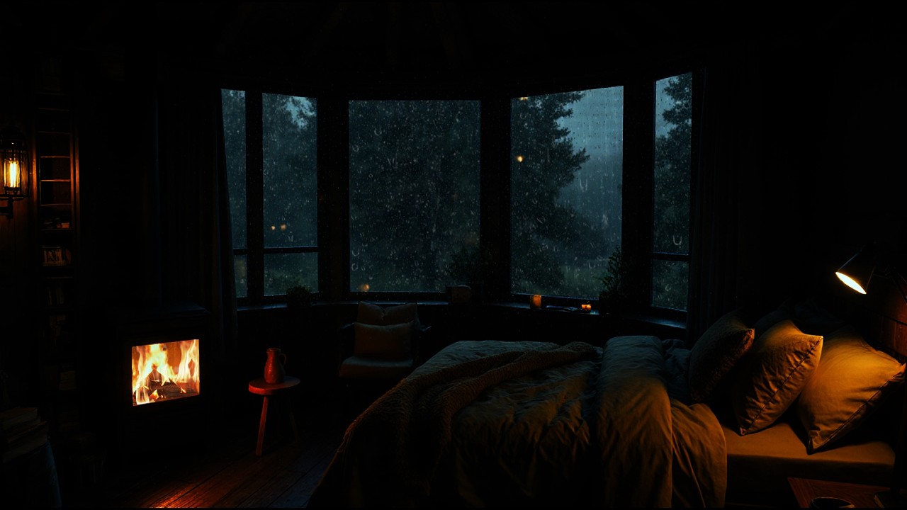 Rain Sounds for Deep Sleep 🌧️ Cozy Cabin Bedroom with Fireplace