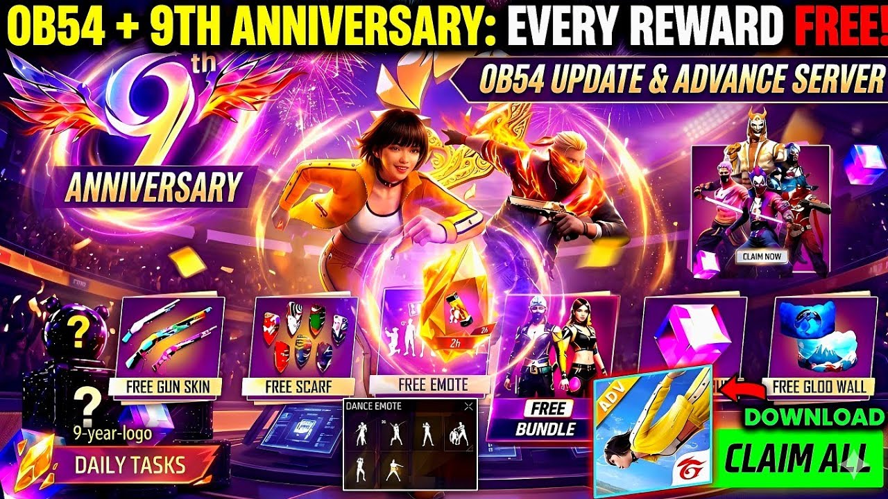 9th Anniversary + Ob 54 update 😲🔥| Free Fire New Event | Ff New Event | Upcoming Events In Free Fire