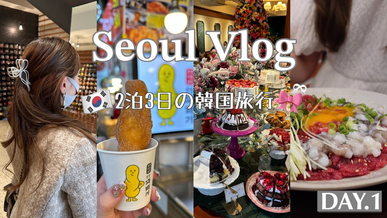 【SEOUL Vlog🎀①】2泊3日の韓国旅行🇰🇷✈️/広蔵市場 東大門 弘大/カフェ巡り/グルメ/ショッピング👗🛍【韓国vlog】