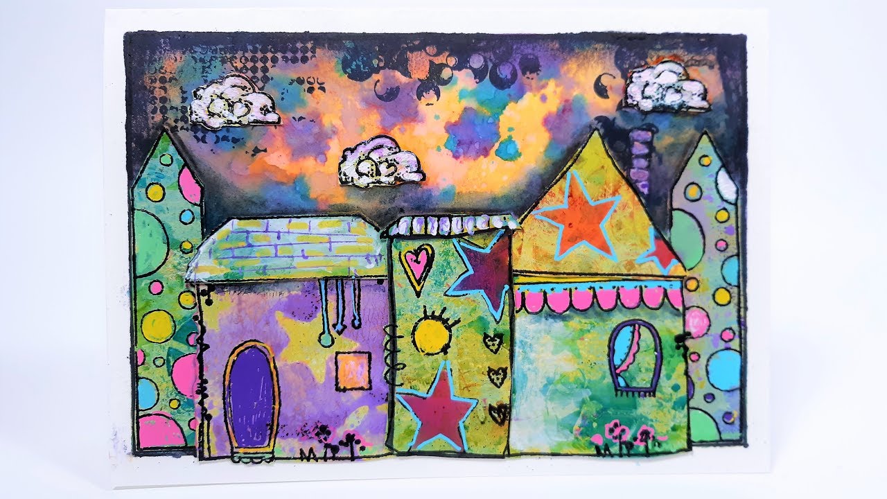 Build a Colorful Neighborhood Mixed Media Card with Gel Printing