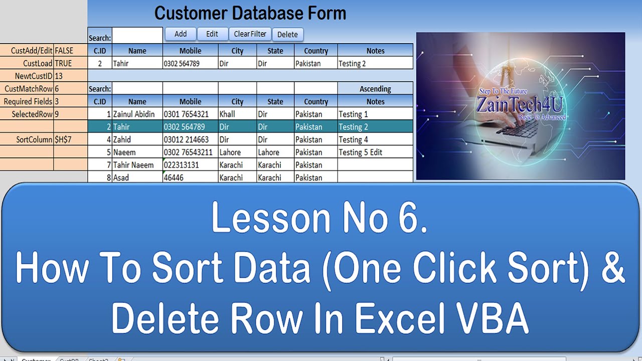 Excel VBA 6. How To Sort Data And Delete Row In Excel | VBA To Sort Data In Excel | Customer Form