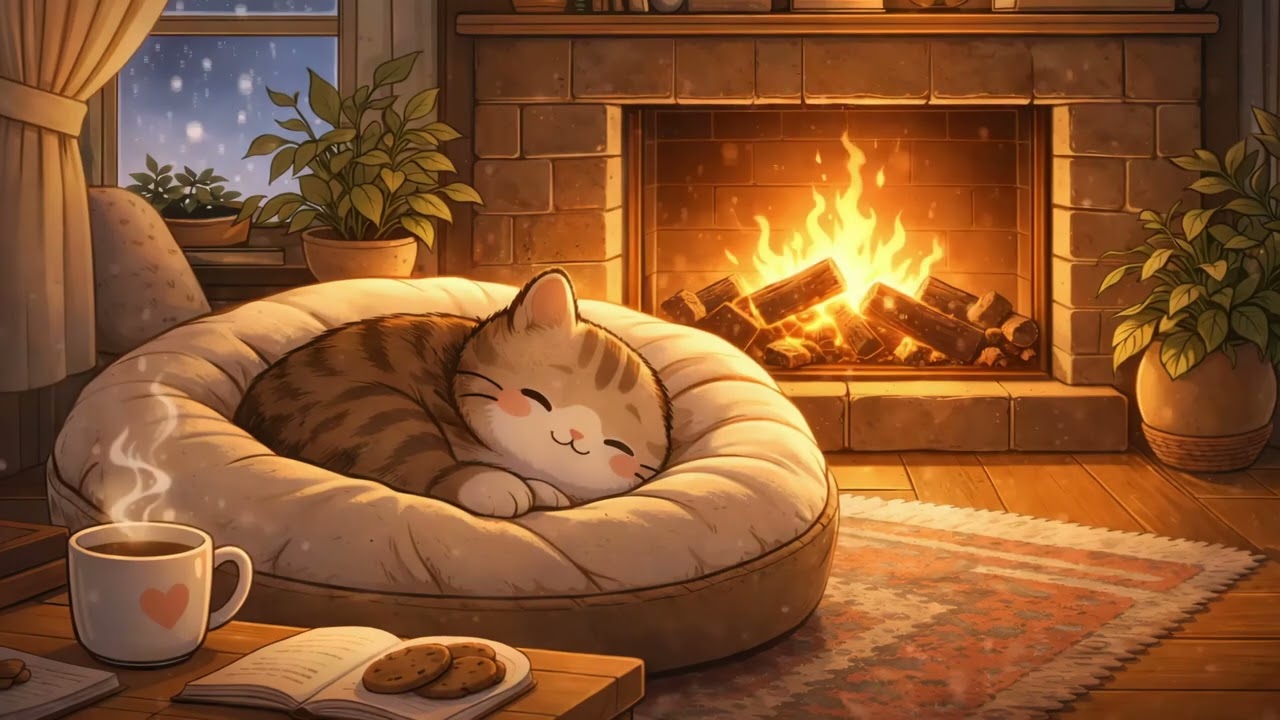 Cozy Winter Night with Mochi | Soft Piano Fireplace Ambience 🔥