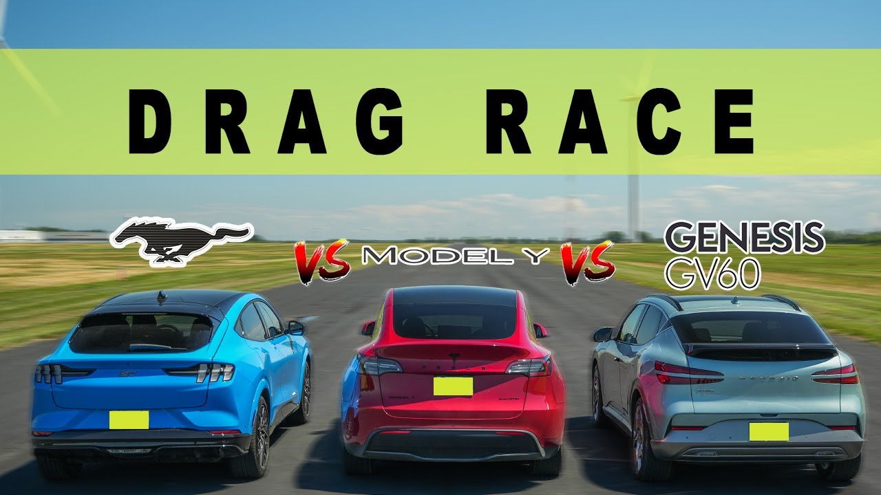 2022 Genesis GV60 vs Tesla Model Y vs Ford Mach-E GT, shocking! Drag and Roll Race.