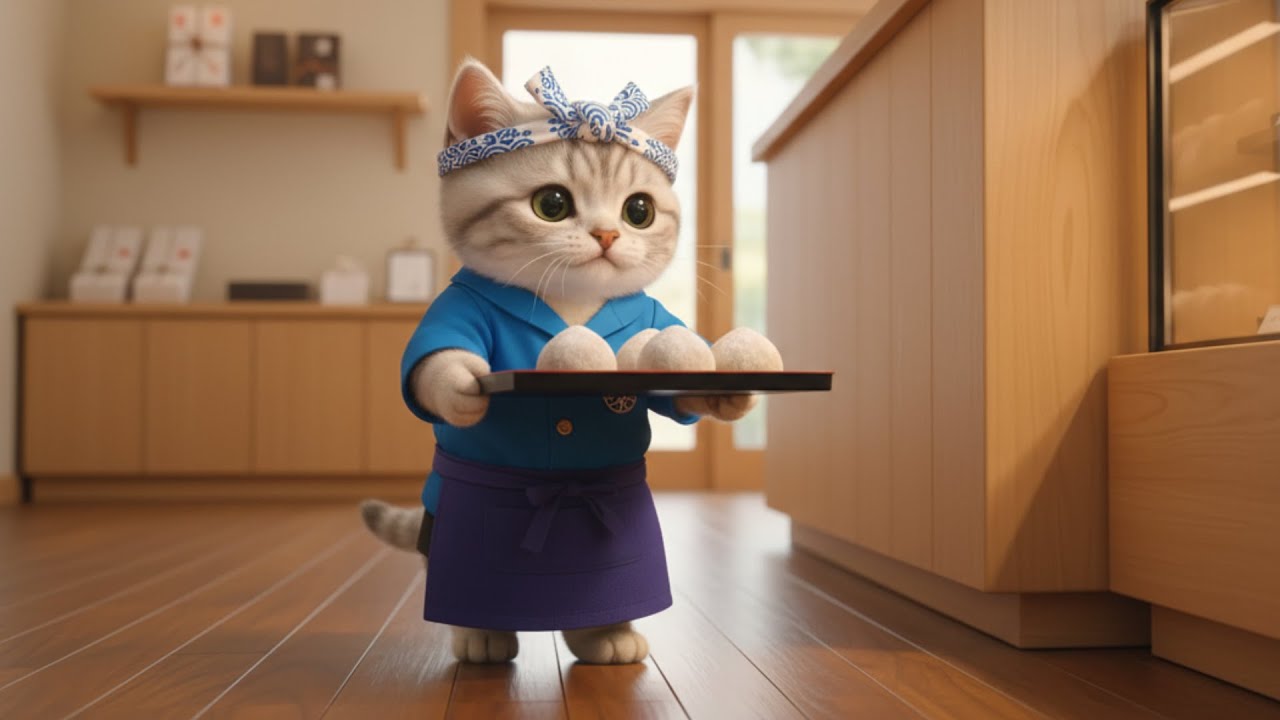 いらっしゃいませ!!もちもちお餅屋さんでお仕事...ねこの一日に密着🐱🍡