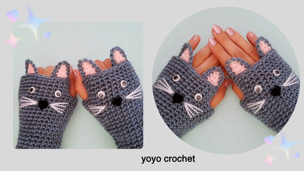 كروشية جوانتى - قفازات بدون أصابع شكل قطة // بخطوات سهلة وواضحة - crochet gloves #يويو_كروشية