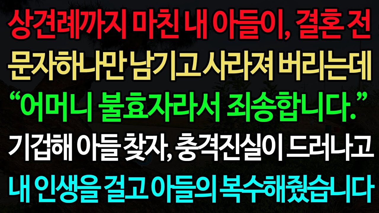 실화사연-상견례까지 마친 내 아들이, 결혼 전 문자하나만 남기고 사라져 버리는데 “어머니 불효자라서 죄송합니다.” 기겁해 아들 찾자, 충격진실이 드러나고 내 인생을 걸고 아들의