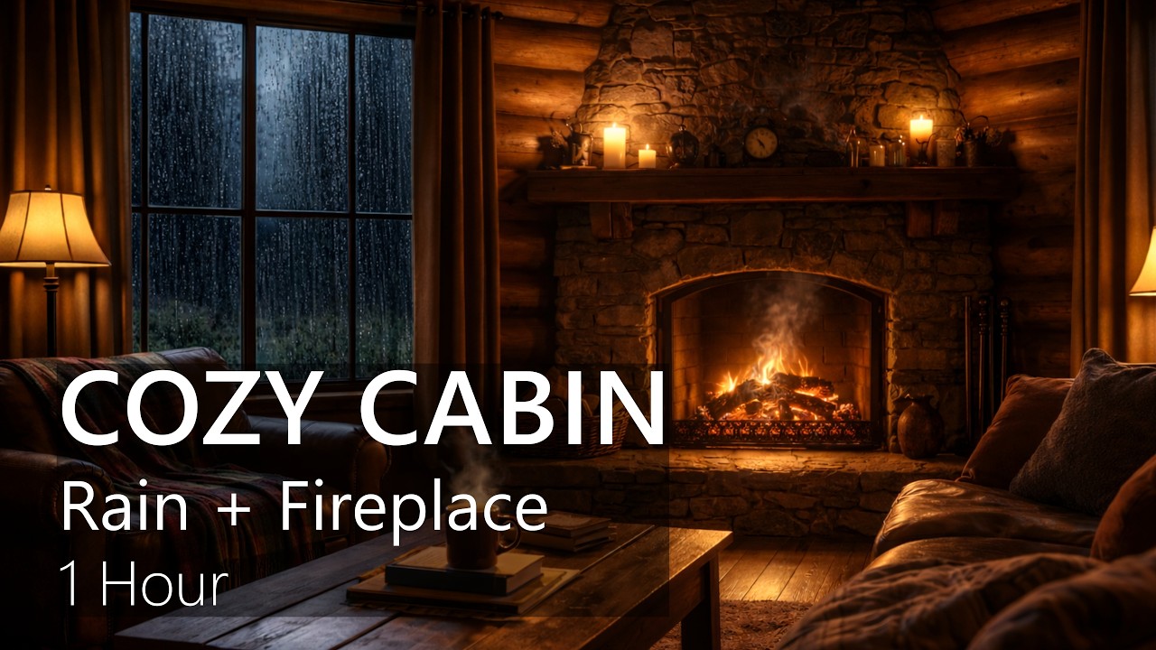 Cozy Cabin Rain & Fireplace Ambience for Relaxing, Studying or Sleeping (1 Hour)