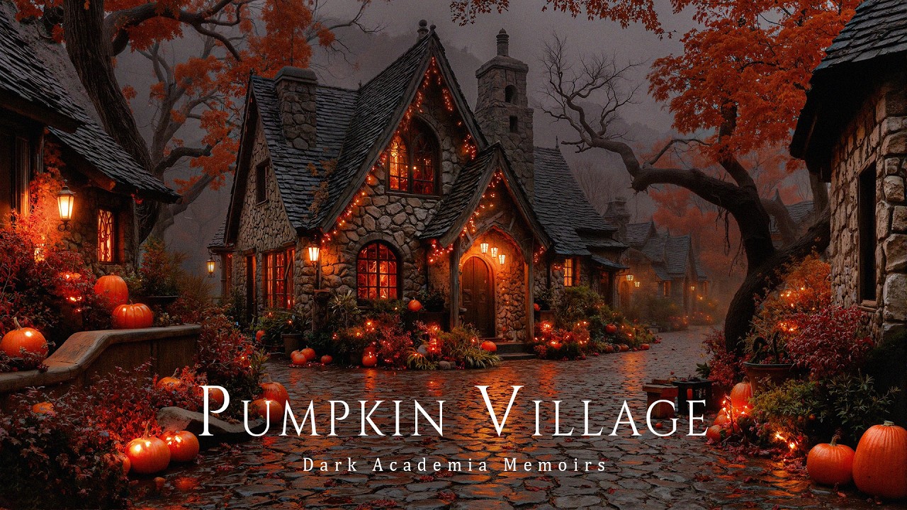 A Rain Autumn Night Beneath the Pumpkin Lights of the Old Village | Dark Academia Music Ambience