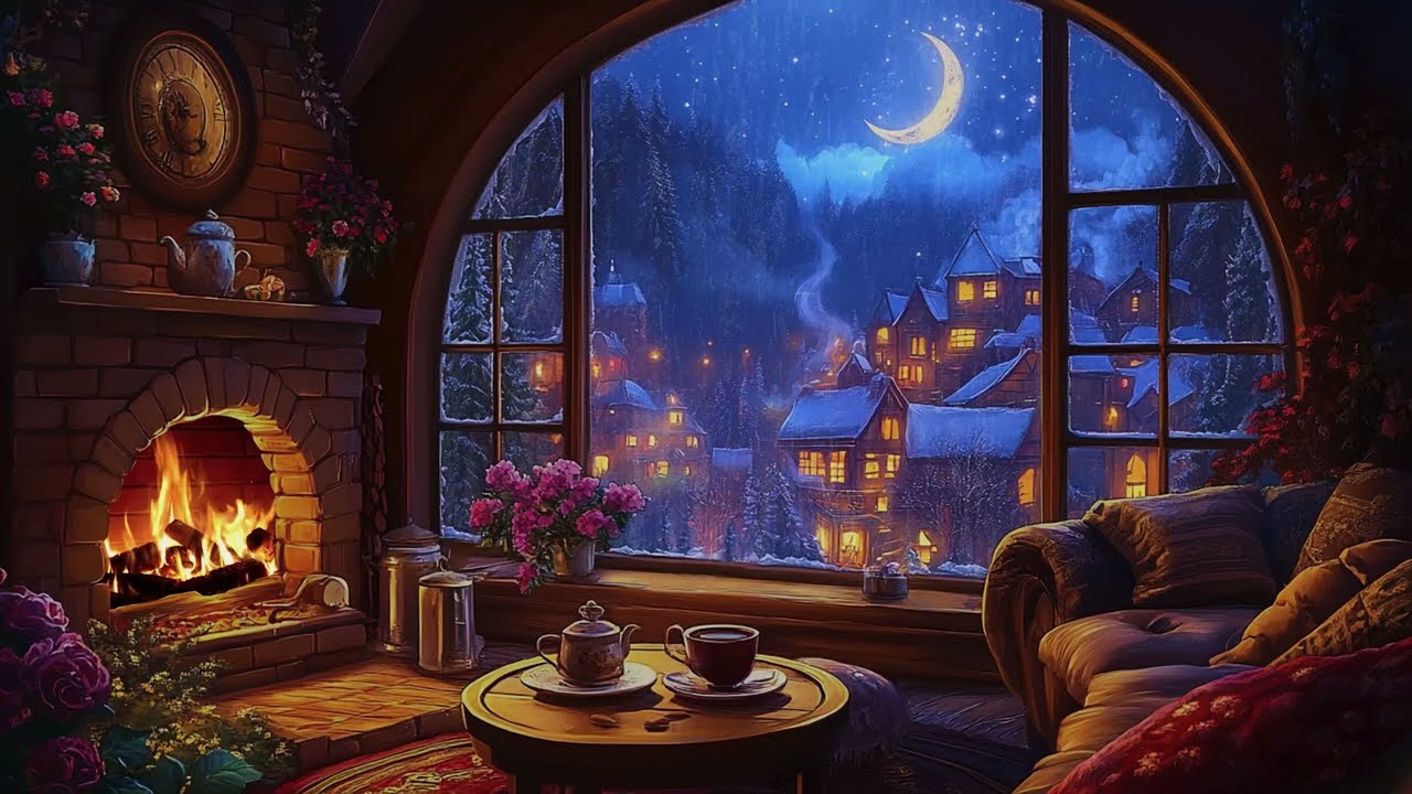 Dreamy Blue Moon Winter Night in a Snowy Village 🌙 Gentle Rain on Window | Deep Sleep