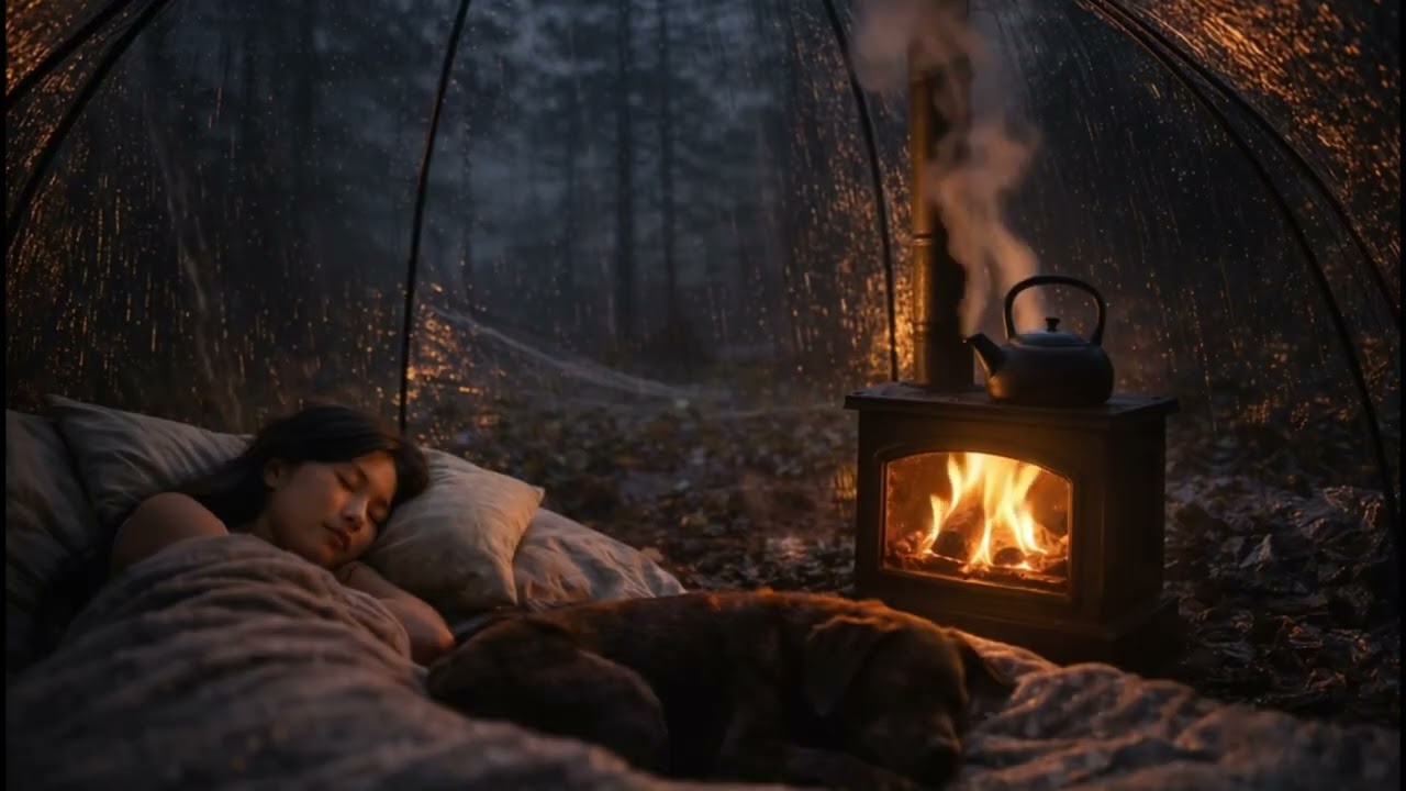 Heavy Rain on Tent & Fireplace Crackling 🌧️🔥 Cozy Sleep Sounds (2 Hours) | White Noise