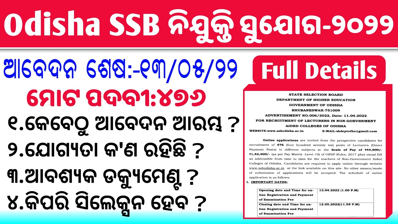 Odisha SSB Lecturers Recruitment-2022 Full Details || Latest Job Notification Odisha SSB Jobs