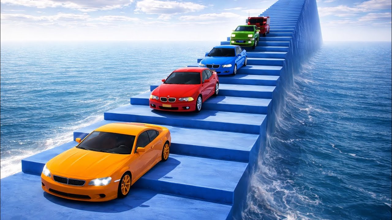 Cars vs Impossible Ocean Stairs 😱 Who Will Survive?🔥