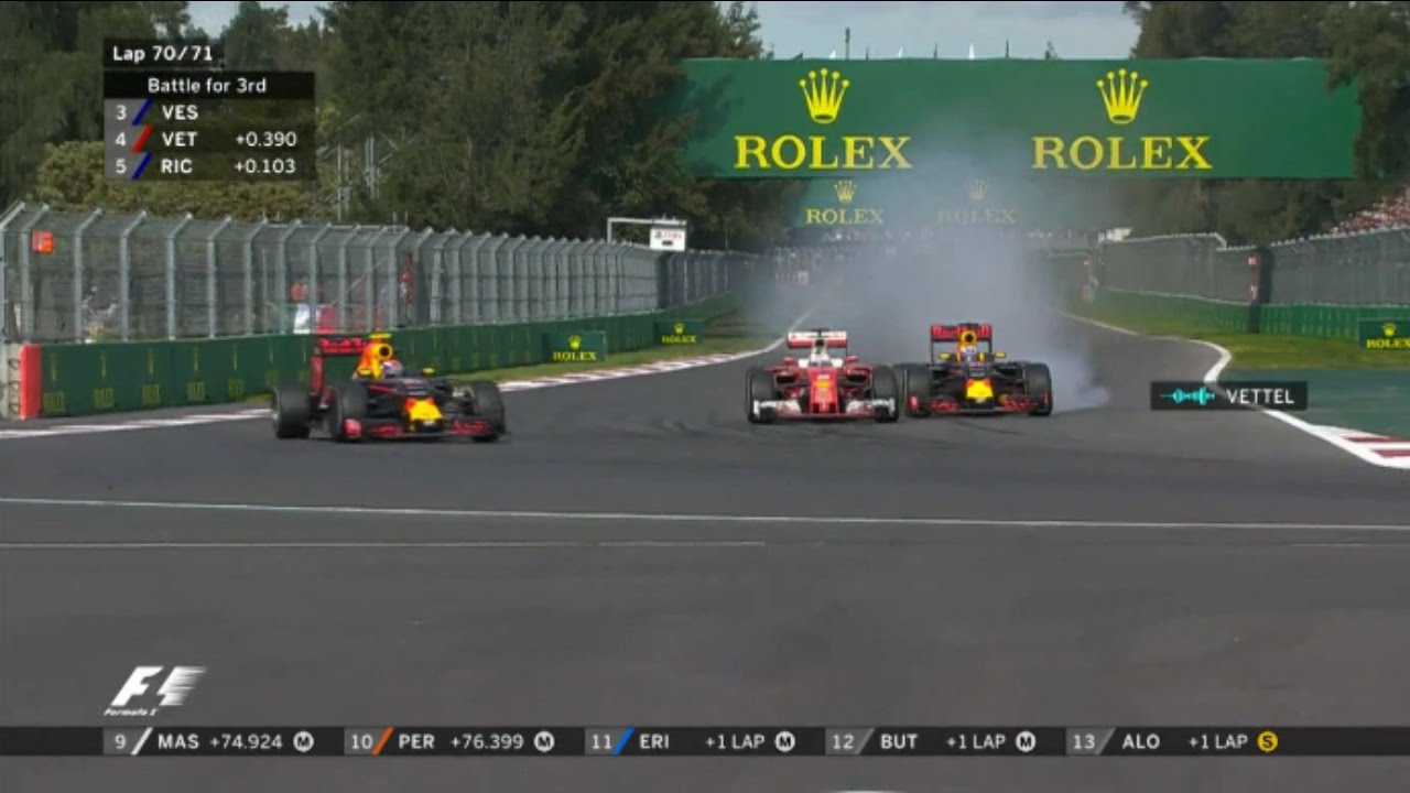 Sebastian Vettel, Max Verstappen and Daniel Ricciardo intense fight F1 2016 Mexico Race