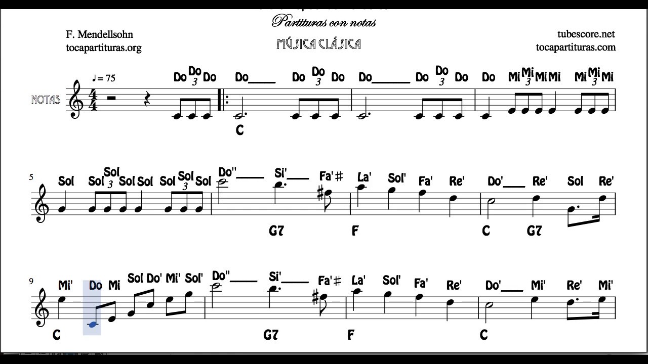 Marcha Nupcial Partitura con Notas Mendellsohn Flautas, Violín Oboe