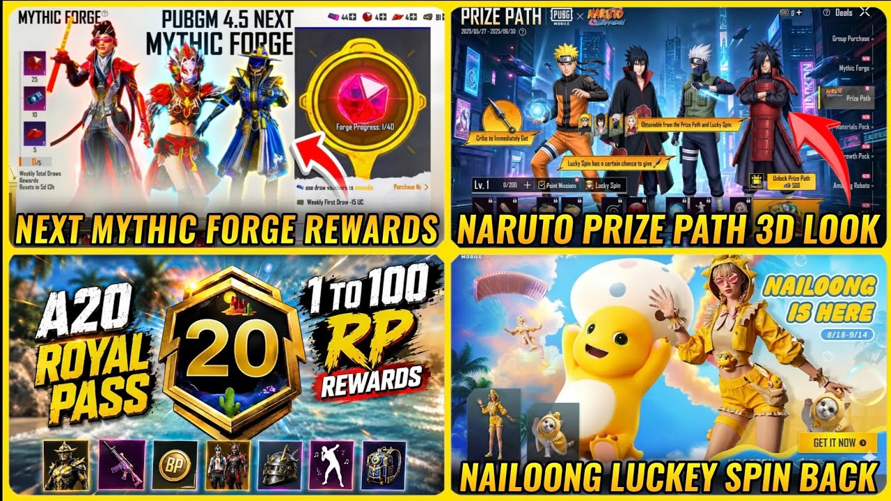 4.5 NEXT MYTHIC FORGE | A20 ROYAL PASS FULL LOOK| NARUTO PRIZE PATH RELEASE DATE | NEXT LUCKEY SPIN